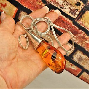 RARE SUPER HUGE 4.25 in AMBER STERLING PENDANT WITH WHEAT CHAIN, UNISEX GIFT